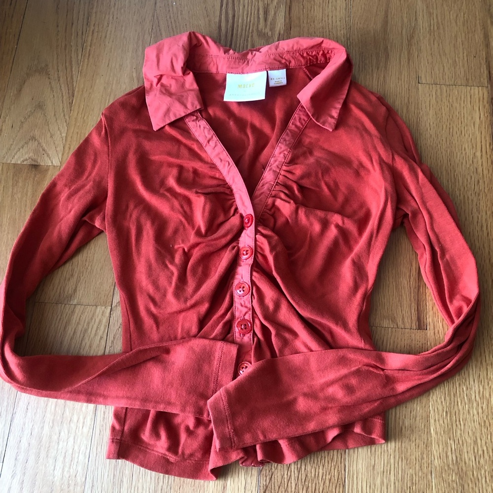 Anthropologie Maeve ruched button up long sleeve top